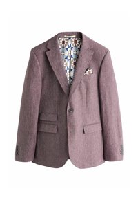 Pánský mauve blazer s klopami, dvěma předními kapsami se záhybem, jednou náprsní kapsou s vzorovaným kapesníčkem a geometricky vzorovanou podšívkou.