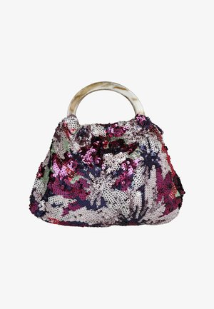 Pequeño bolso de mano con un asa redonda translúcida, cubierto de lentejuelas densamente agrupadas en rosa, morado, plateado y verde que forman un patrón floral abstracto.