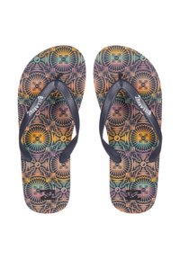 Sorte flip-flops med teksturerede stropper. Farverige geometriske mønstre i orange, gul, grøn og blå på fodsengen. Holdbart gummimateriale.