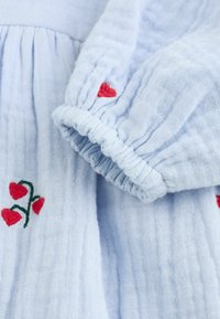 Helles blauer Baumwollstoffkleid mit gerafften Ärmeln, verziert mit roten gestickten Herzen und grünen Stielen auf dem Kleid. Texturiertes, weiches Material.