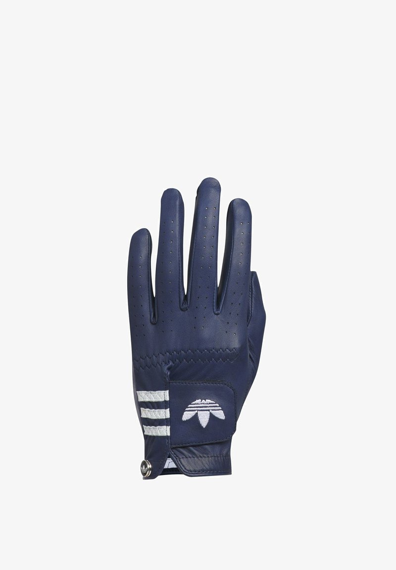 Marinblå golfhandske i läder med perforerade fingrar, vita randiga detaljer och en logopatch. Har en säker handledslåsning.
