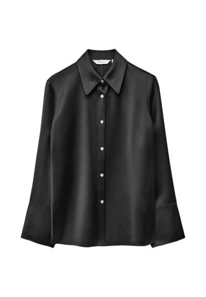 Black satin long-sleeve blouse with a pointed collar, button-down front, and flared cuffs. Features subtle sheen and round buttons.