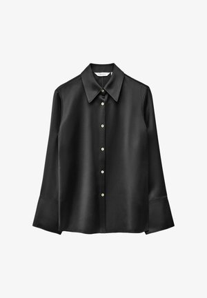 Black satin long-sleeve blouse with a pointed collar, button-down front, and flared cuffs. Features subtle sheen and round buttons.