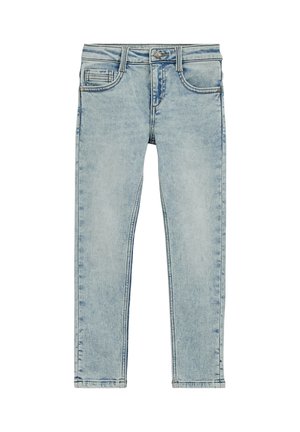 Jean slim fit délavé clair avec cinq poches, fermeture par bouton et passants pour ceinture, posé à plat sur un fond blanc.