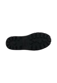 Semelle en caoutchouc noir avec un motif texturé et des crampons proéminents pour une meilleure adhérence, forme légèrement courbée et bords lisses.