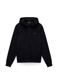 Must zip-up kapuutsiga fliis, millel on vooderdatud kapuuts, ees taskud, soonilised mansetid ja alumine serv. Rinnal on väike logoga detail. Valmistatud pehmest kangast.