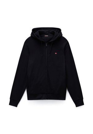 Fekete cipzáras kapucnis pulóver bélelt kapucnival, elülső zsebekkel, bordázott mandzsettákkal és szegéllyel. Kisméretű logó részlet található a mellrészen. Puha anyagból készült.