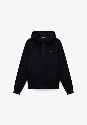 Fekete cipzáras kapucnis pulóver bélelt kapucnival, elülső zsebekkel, bordázott mandzsettákkal és szegéllyel. Kisméretű logó részlet található a mellrészen. Puha anyagból készült.