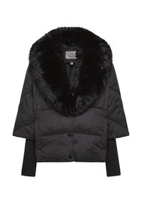 Giacca nera corta con colletto in pelliccia sintetica, texture trapuntata, chiusura con bottoni e maniche lunghe in maglia. Presenta una finitura liscia e lucida.