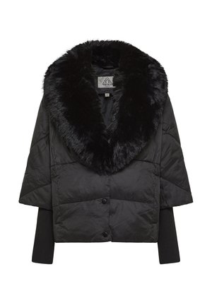 Giacca nera corta con colletto in pelliccia sintetica, texture trapuntata, chiusura con bottoni e maniche lunghe in maglia. Presenta una finitura liscia e lucida.