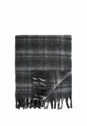 Gray plaid blanket with frayed edges, made of soft material. Features alternating dark and light gray tones with a checked pattern.