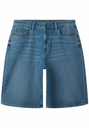 Blaue Jeansshorts mit vorderer Knopfleiste und Reißverschluss, Gürtelschlaufen sowie zwei vorderen Taschen, darunter eine kleine Münztasche.