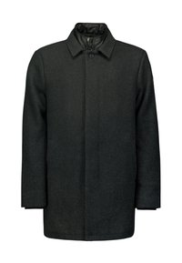 Zwarte wollen jas met een gestructureerd ontwerp, voorzien van een puntige kraag, knoopsluiting, zijzakken en een gladde binnenvoering.