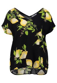 Top corto negro de manga corta con escote en V y estampado de flores de limón amarillo con hojas verdes. Tela suave, corte relajado y dobladillo curvado.
