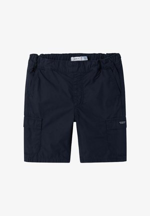 Mørkeblå cargo shorts lavet af letvægtsstof. Har en elastisk talje, sidelommer og en cargo-lomme på højre ben.
