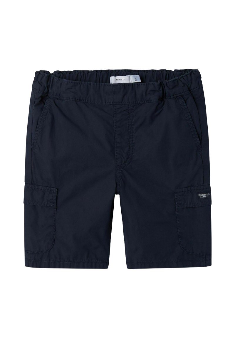 Shorts cargo bleu marine en tissu léger. Dotés d'une taille élastique, de poches latérales et d'une poche cargo sur la jambe droite.