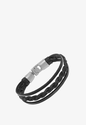Schwarzes Lederarmband mit geflochtenen und glatten Riemen und silbernem Metallverschluss.