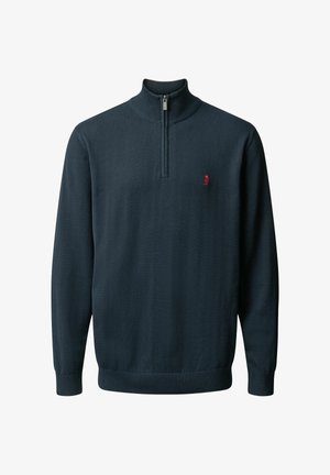 Morn navy modra pulover s dolgimi rokavi, z rebrastim ovratnikom in manšetami, četrtinskim zadrgo na sprednji strani ter majhnim rdečim vezenim logotipom na levi prsih.