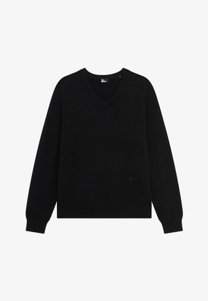 Maglione nero a collo a V realizzato in morbido materiale a maglia. Presenta maniche lunghe e polsini e orlo a costine. Design semplice senza motivi o accenti.