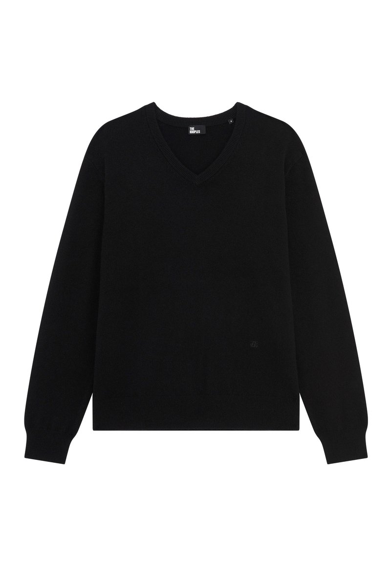 Black v-neck sweater made of soft knit material. Features long sleeves and ribbed cuffs and hem. Simple design without patterns or accents.