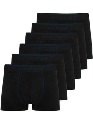 Schwarze Boxershorts im Sechserpack, mit weicher Textur, blauer Naht und einem Logo am Bund. Klassisches Design mit enger Passform.