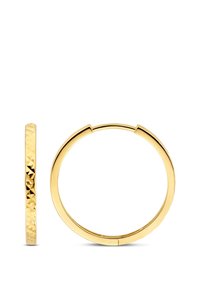 Goldene Creolen mit einer glatten, polierten Oberfläche und einem strukturierten, gemusterten Rand. Kreisform, Design mit Schnappverschluss.