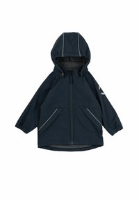 Marinblå softshell-jacka med dragsko i huvan, framdragkedja, två sidofickor och reflekterande grå detaljer. Fleecefoder för värme.