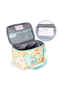 Kindertagesmitteltasche mit Cartoon-Tieren, hellblauem Griff, offenem oberen Teil und einem Innenfach aus Mesh mit Namensschild.