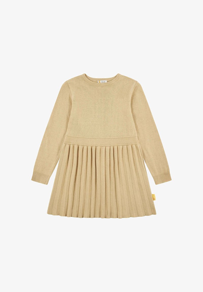 Abito lavorato a maglia beige con maniche lunghe, corpino a coste e gonna plissettata. Presenta un'etichetta gialla sul lato. Texture morbida e design aderente.