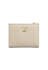 Portafoglio in pelle beige con texture, logo Y? NON MILANO in oro e chiusura con cerniera superiore su sfondo bianco.