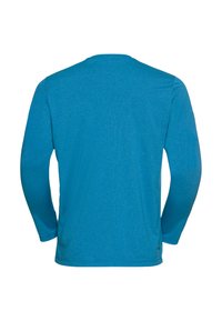 Maglietta a maniche lunghe blu con collo a giro mostrata dal retro, con una texture leggermente mélange e un design semplice e pulito.