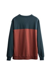 Kleurgeblockeerde sweatshirt met een donkergroene bovenkant en een roestkleurige onderkant. Gemaakt van zachte stof met een ronde hals en lange mouwen.
