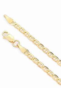 Złotona metalowa łańcuszek z połączonymi owalnymi i prostokątnymi ogniwami. Posiada zapięcie typu karabińczyk oraz grawerowane oznaczenia w pobliżu zapięcia.