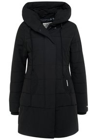 Svart puffjacka med huva, med kviltad design, sidofickor med texturerade detaljer och ribbade ärmslut. Dragkedja och tryckknappsstängning.