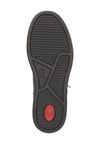 Schwarze Gummisohl mit horizontalen und diagonalen Rillen. Verfügt über einen roten kreisförmigen Akzent mit der Aufschrift "SUPER SOFT" für zusätzlichen Komfort.