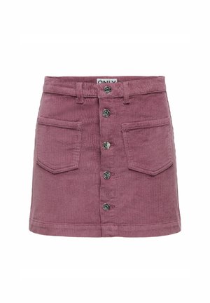 Corduroy miniskirt in mauve, featuring two front pockets, a button-up front with metal buttons, and a straight hem.