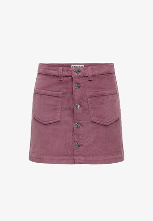 Corduroy miniskirt in mauve, featuring two front pockets, a button-up front with metal buttons, and a straight hem.