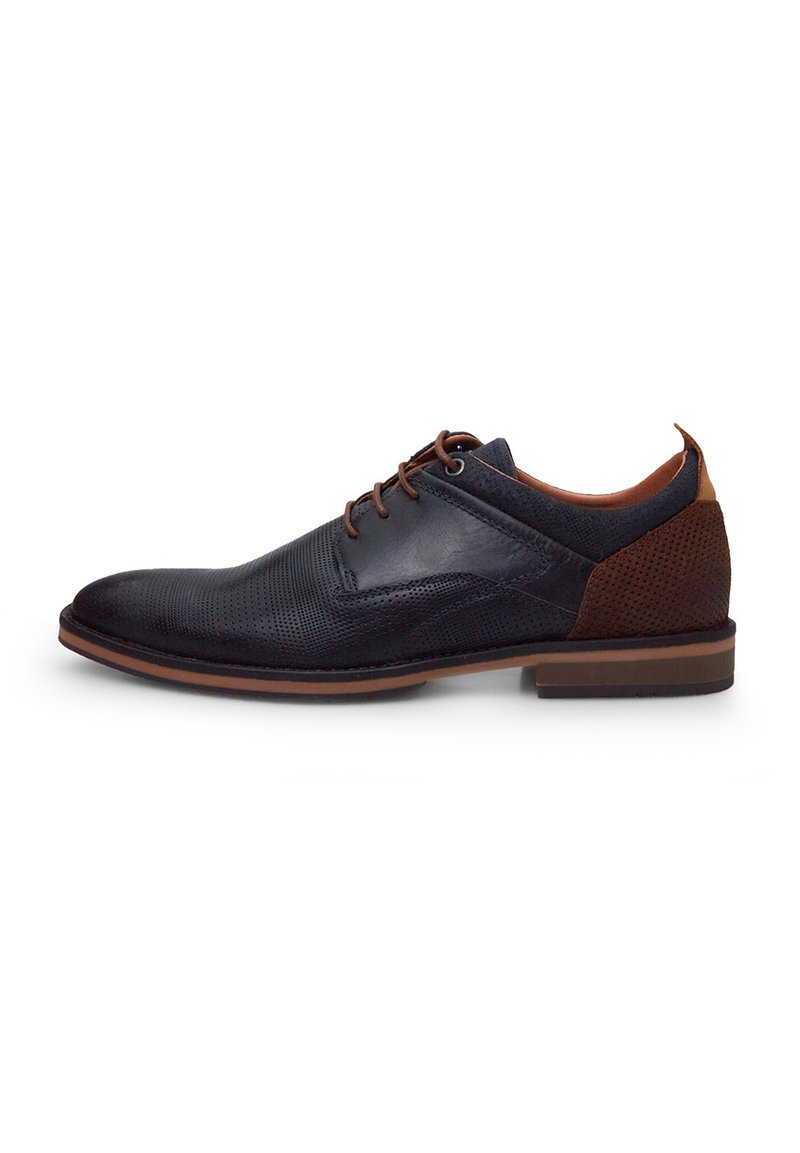 Men's dark blue leather dress shoe with perforated design, brown textured heel, lace-up closure, and flat rubber sole.