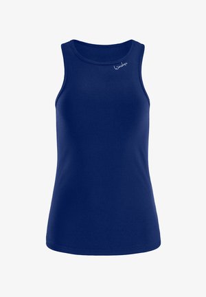 Mornarsko modra brezrokavna majica iz mehkega, raztegljivega materiala. Ima okroglo ovratnico in diskretno logo na zgornji levi strani. Ni vidnih vzorcev.