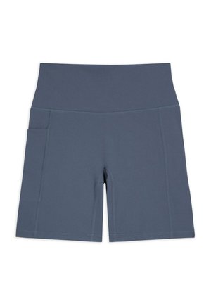 High-waisted athletic shorts in dark gray fabric, featuring a flat waistband, side pocket, and reinforced stitching. Smooth, stretchy texture.