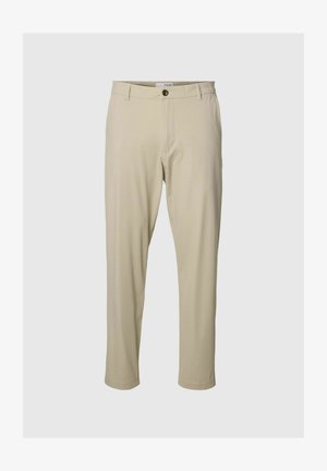 Beige hlače iz mehke tkanine z oprijeta krojem, z zapiranjem na gumb spredaj, stranskimi žepi in čistimi šivi, brez vzorcev.
