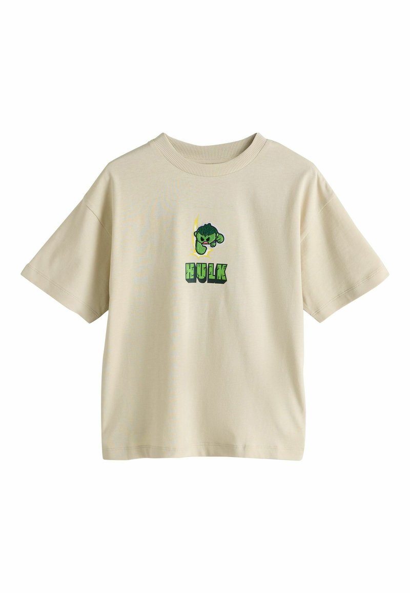 Beige T-shirt met korte mouwen van katoen, met een groene Hulk-afbeelding op de voorkant en opvallende tekst. Ronde hals, losse pasvorm.