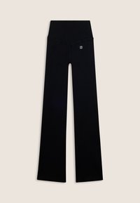 Pantaloni neri a vita alta e gamba larga con una piccola etichetta logo sul retro a destra e un dettaglio di cucitura circolare sul sedere.