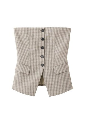 Beige and gray plaid corset-style vest with five black buttons down the center and two flap pockets near the bottom.