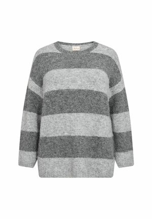 Pullover oversize grigio rigato. Realizzato in materiale morbido con strisce orizzontali alternate di grigio chiaro e scuro. Caratterizzato da un colletto rotondo.