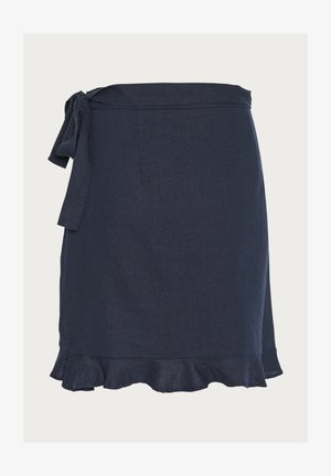 Mornarica zavita krila iz teksturiranega blaga, s puhastim robom in stranskim vezanjem. Preprost dizajn z gladko površino in brez dodatnih vzorcev.