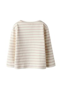Camicia a maniche lunghe leggera di colore crema con morbide righe orizzontali rosa. Collo arrotondato e dettaglio con spacco laterale. Texture liscia, design casual.