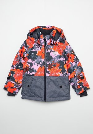 Kolorowa kurtka w kwiatowy wzór z szarą dolną częścią, kapturem i zapięciem na zamek z przodu. Wykonana z gładkiej, odpornej na warunki atmosferyczne tkaniny.