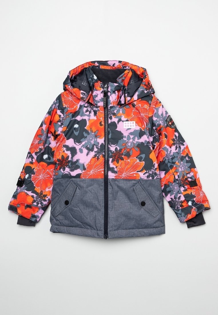Kolorowa kurtka w kwiatowy wzór z szarą dolną częścią, kapturem i zapięciem na zamek z przodu. Wykonana z gładkiej, odpornej na warunki atmosferyczne tkaniny.