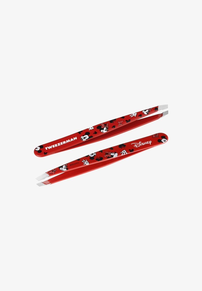 Røde vinklet pincet med tryk af Minnie Mouse-ansigter, handsker og sløjfer, mærket med "Tweezerman" og "Disney" logoer på hver pincet.